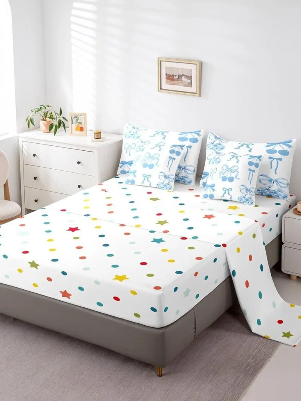 Kawaii Blue Bow Kids Comforter Set With Sheets For Boys Girls Twin Size,Cute Bow